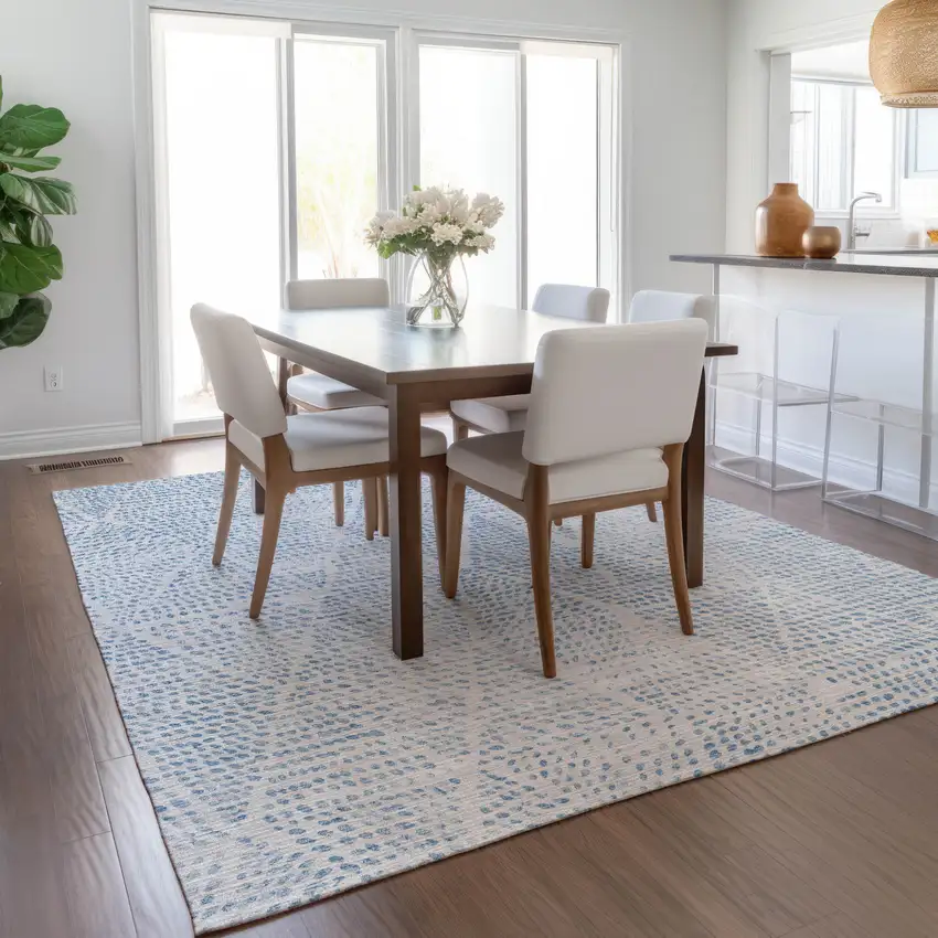 Denim Blue Ivory And Gray Geometric Washable Indoor Outdoor Area Rug Photo 9