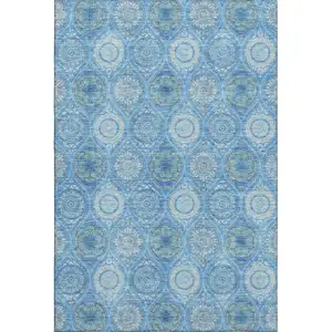 Photo of Denim Blue Ivory And Gray Ogee Washable Area Rug With UV Protection
