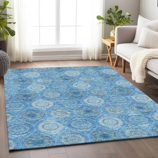 Denim Blue Ivory And Gray Ogee Washable Area Rug With UV Protection Photo 3