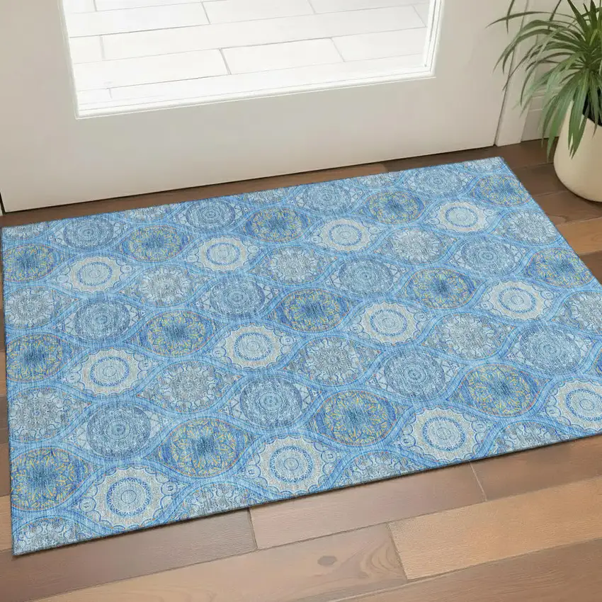 Denim Blue Ivory And Gray Ogee Washable Area Rug With UV Protection Photo 1