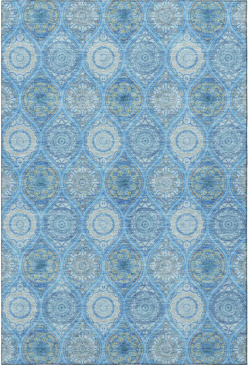 Denim Blue Ivory And Gray Ogee Washable Area Rug With UV Protection Photo 2
