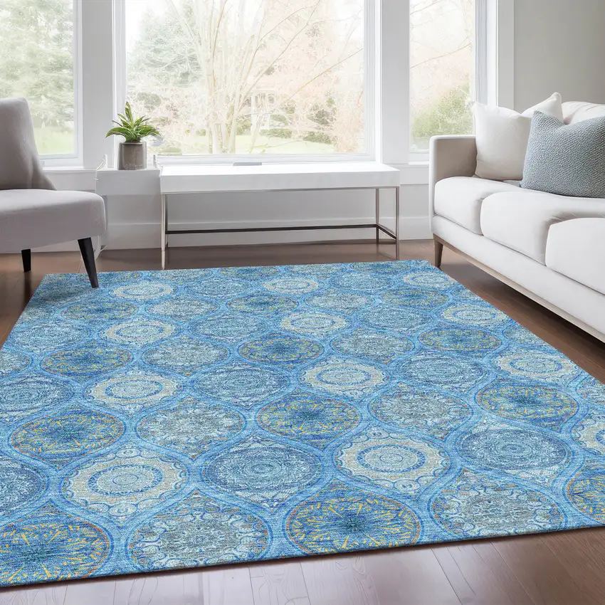 Denim Blue Ivory And Gray Ogee Washable Area Rug With UV Protection Photo 5