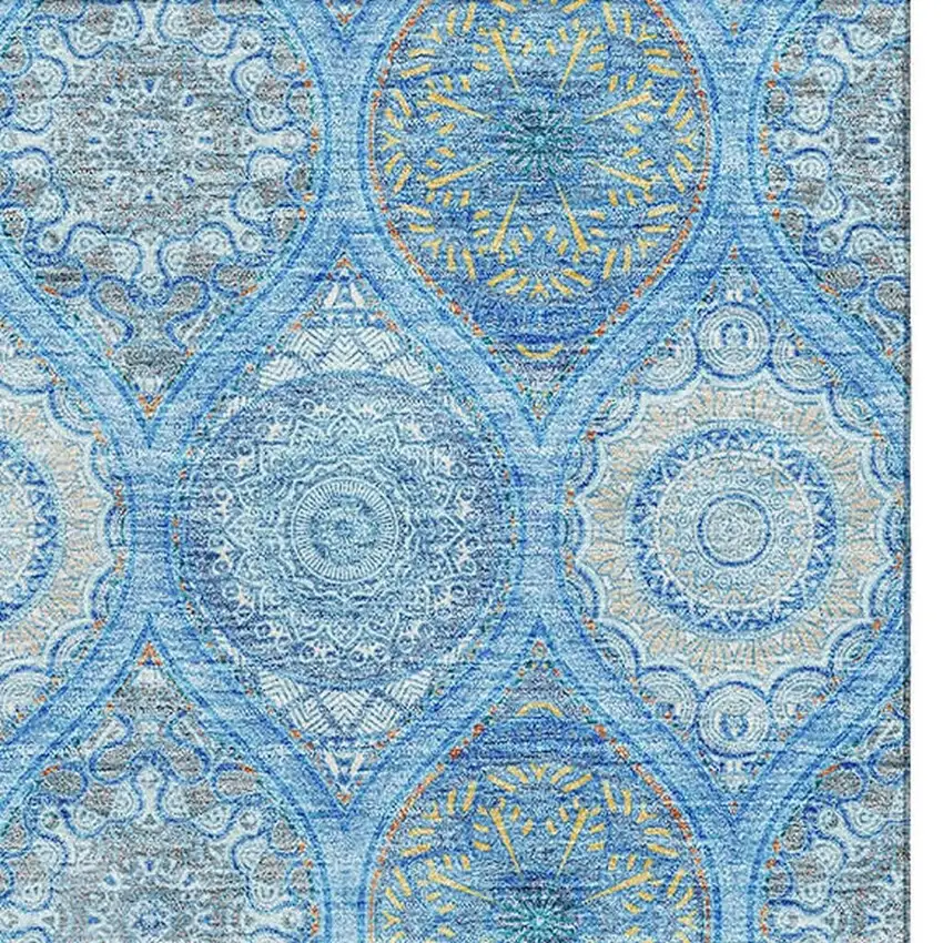 Denim Blue Ivory And Gray Ogee Washable Area Rug With UV Protection Photo 3