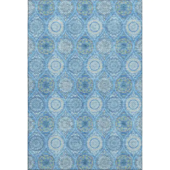 Denim Blue Ivory And Gray Ogee Washable Area Rug With UV Protection Photo 1