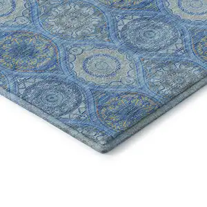 Photo of Denim Blue Ivory And Gray Ogee Washable Area Rug With UV Protection