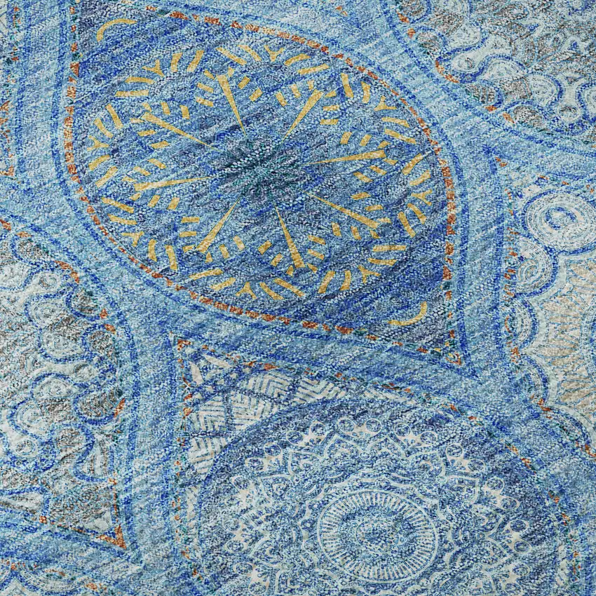 Denim Blue Ivory And Gray Ogee Washable Area Rug With UV Protection Photo 9