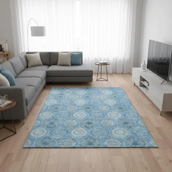 Denim Blue Ivory And Gray Ogee Washable Area Rug With UV Protection Photo 2