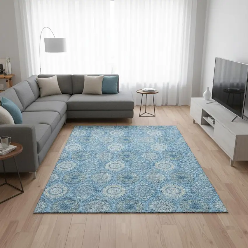 Denim Blue Ivory And Gray Ogee Washable Area Rug With UV Protection Photo 2