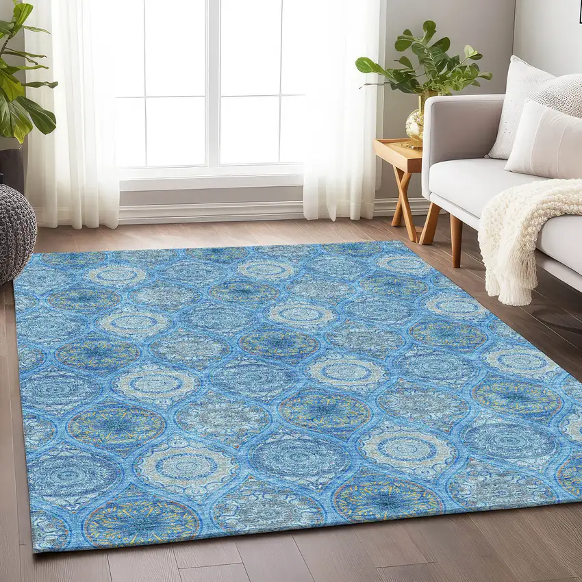 Denim Blue Ivory And Gray Ogee Washable Area Rug With UV Protection Photo 4