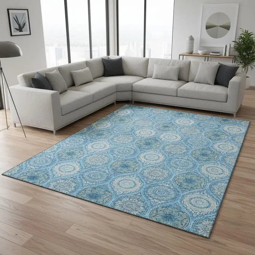 Denim Blue Ivory And Gray Ogee Washable Area Rug With UV Protection Photo 2