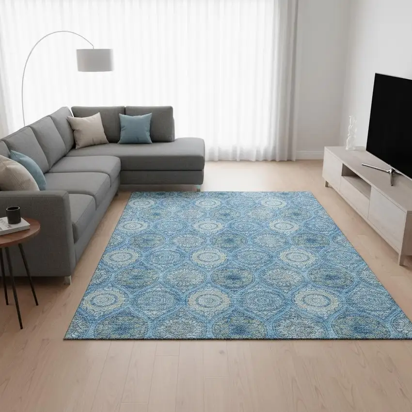 Denim Blue Ivory And Gray Ogee Washable Area Rug With UV Protection Photo 2