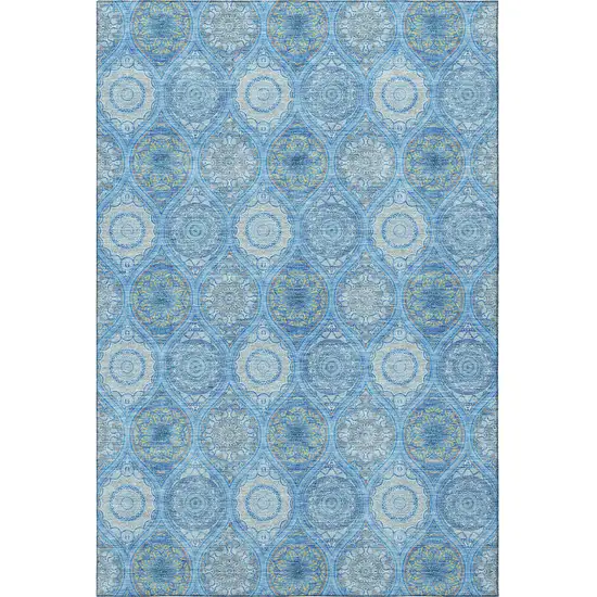 Denim Blue Ivory And Gray Ogee Washable Area Rug With UV Protection Photo 3