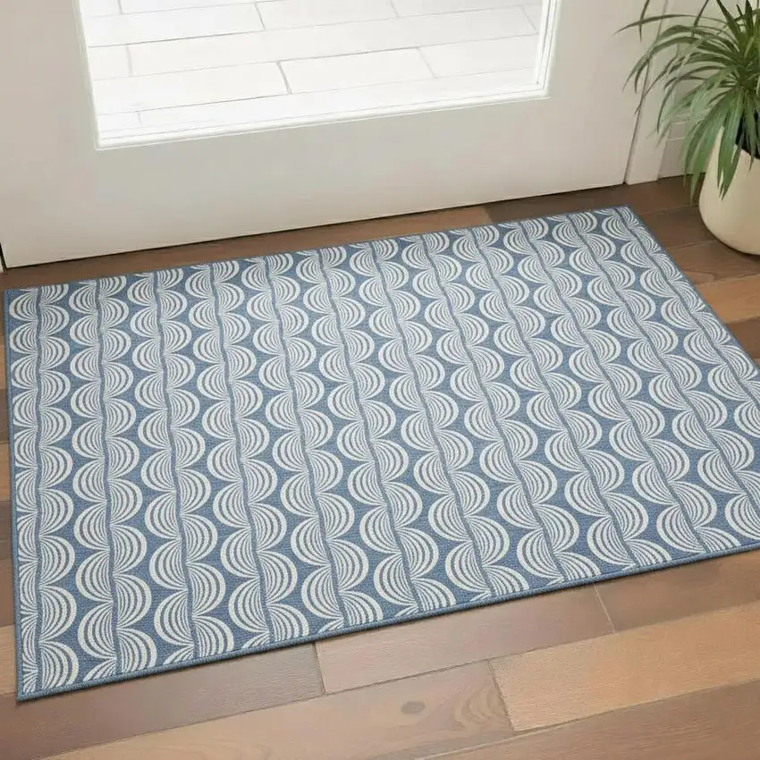 Denim Blue Ivory And Gray Ogee Washable Area Rug With UV Protection Photo 2