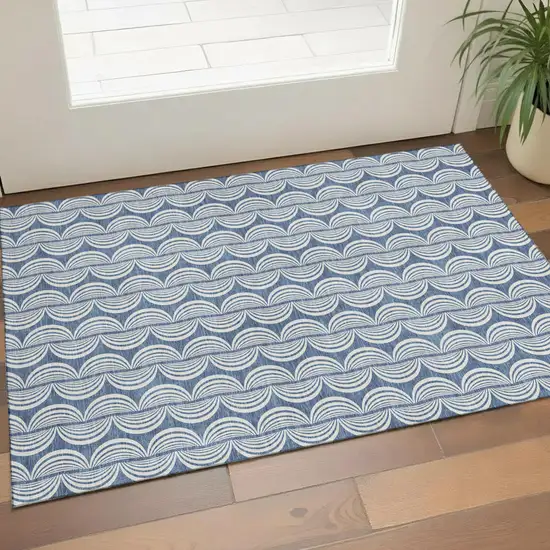 Denim Blue Ivory And Gray Ogee Washable Area Rug With UV Protection Photo 1