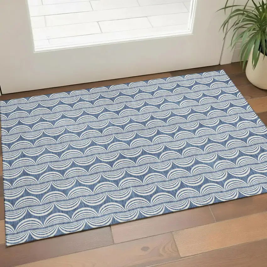 Denim Blue Ivory And Gray Ogee Washable Area Rug With UV Protection Photo 1