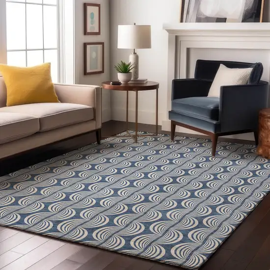 Denim Blue Ivory And Gray Ogee Washable Area Rug With UV Protection Photo 4
