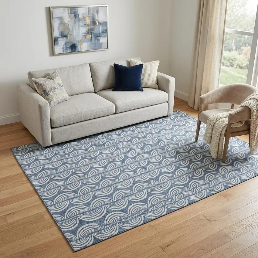 Denim Blue Ivory And Gray Ogee Washable Area Rug With UV Protection Photo 1