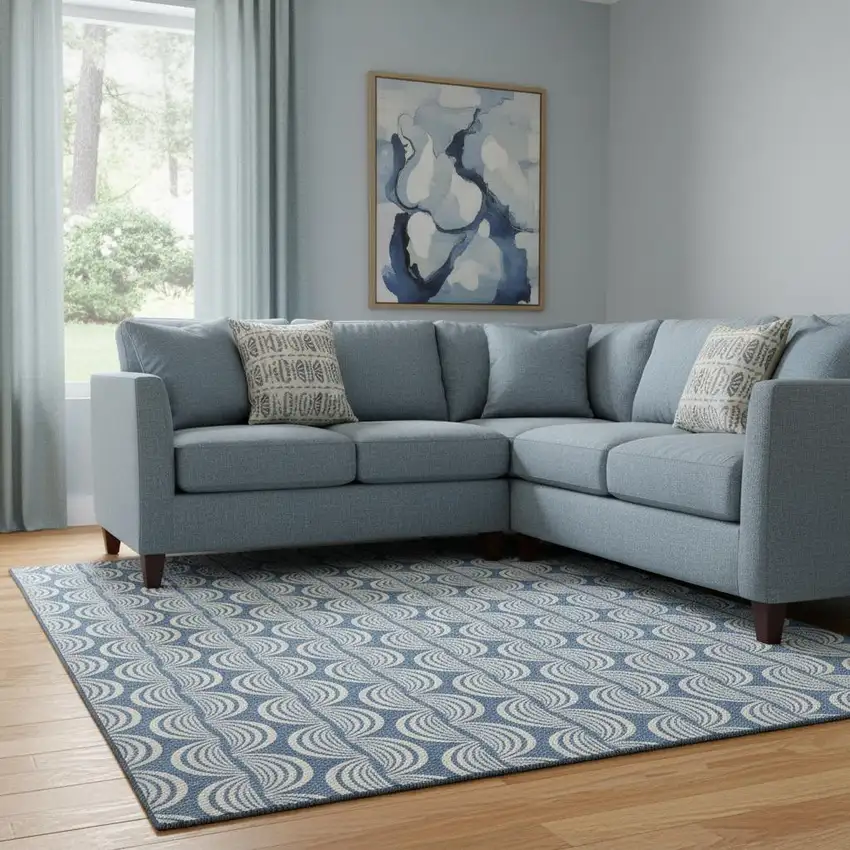 Denim Blue Ivory And Gray Ogee Washable Area Rug With UV Protection Photo 2