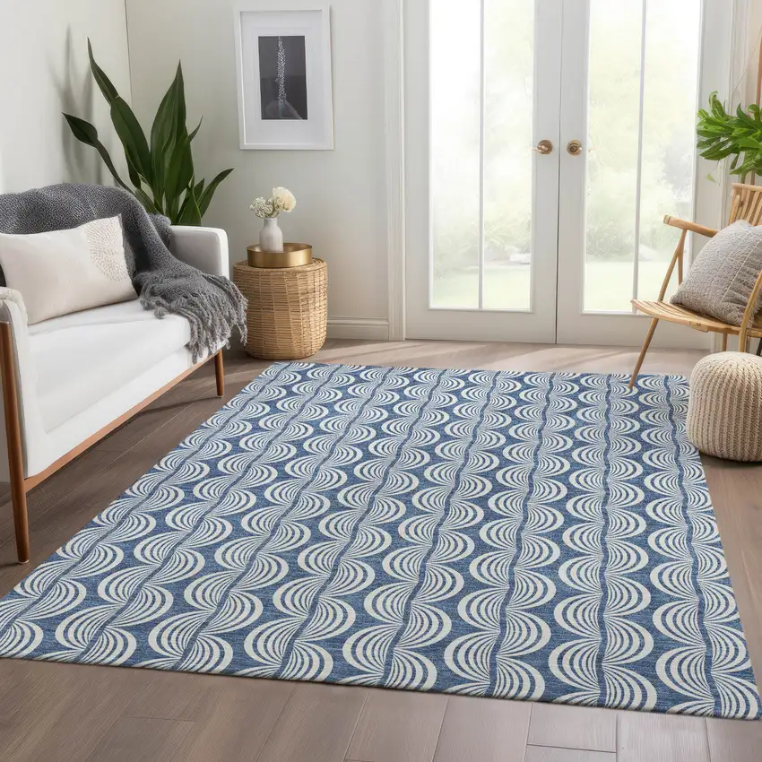 Denim Blue Ivory And Gray Ogee Washable Area Rug With UV Protection Photo 5