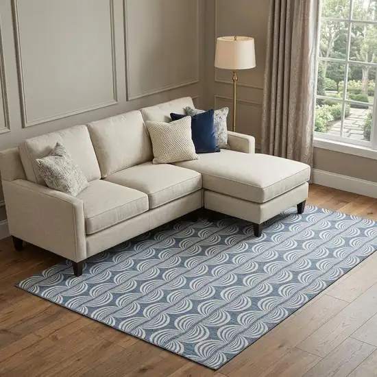 Denim Blue Ivory And Gray Ogee Washable Area Rug With UV Protection Photo 1