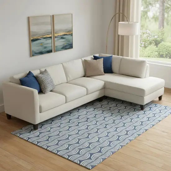 Denim Blue Ivory And Gray Ogee Washable Area Rug With UV Protection Photo 2