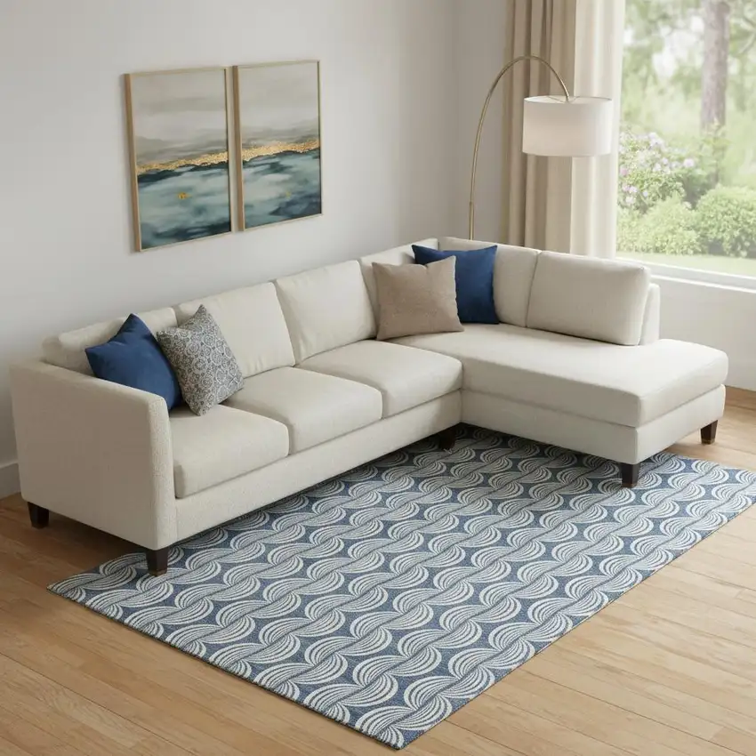 Denim Blue Ivory And Gray Ogee Washable Area Rug With UV Protection Photo 2