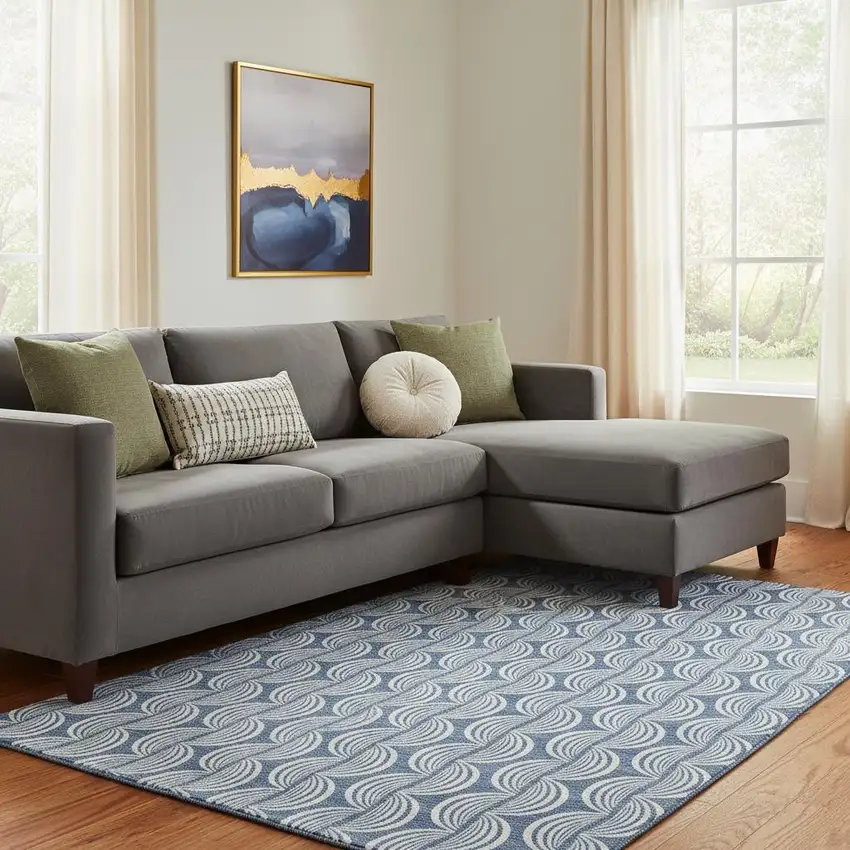 Denim Blue Ivory And Gray Ogee Washable Area Rug With UV Protection Photo 2