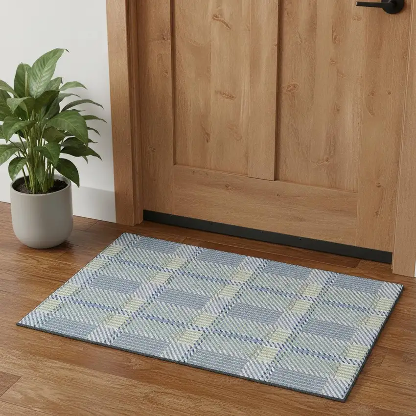 Denim Blue Ivory And Gray Plaid Washable Area Rug With UV Protection Photo 1