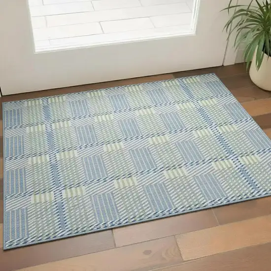 Denim Blue Ivory And Gray Plaid Washable Area Rug With UV Protection Photo 2