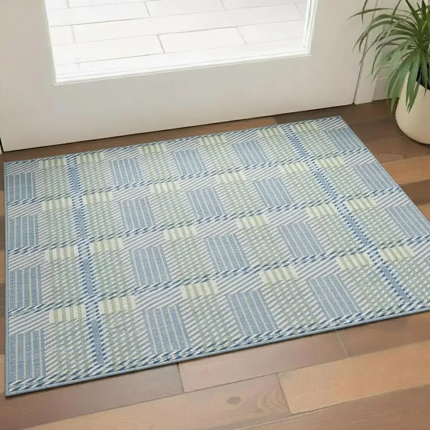 Denim Blue Ivory And Gray Plaid Washable Area Rug With UV Protection Photo 2