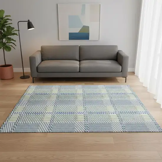 Denim Blue Ivory And Gray Plaid Washable Area Rug With UV Protection Photo 2