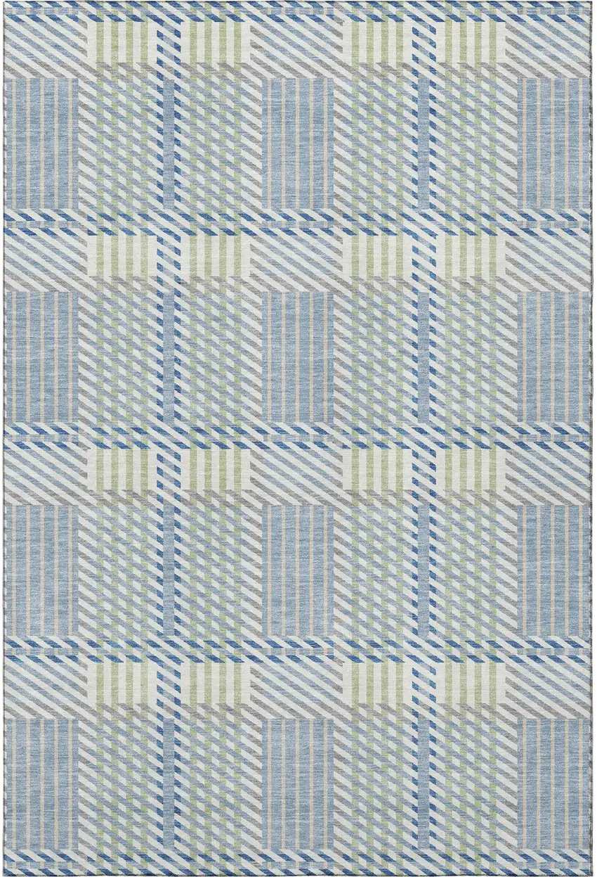 Denim Blue Ivory And Gray Plaid Washable Area Rug With UV Protection Photo 2