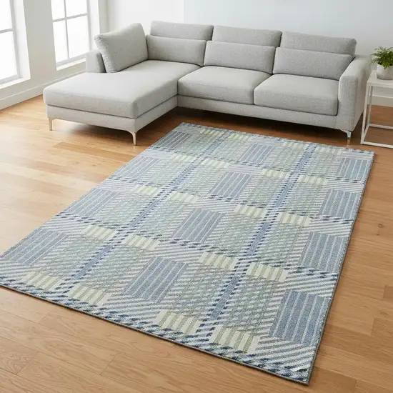 Denim Blue Ivory And Gray Plaid Washable Area Rug With UV Protection Photo 2