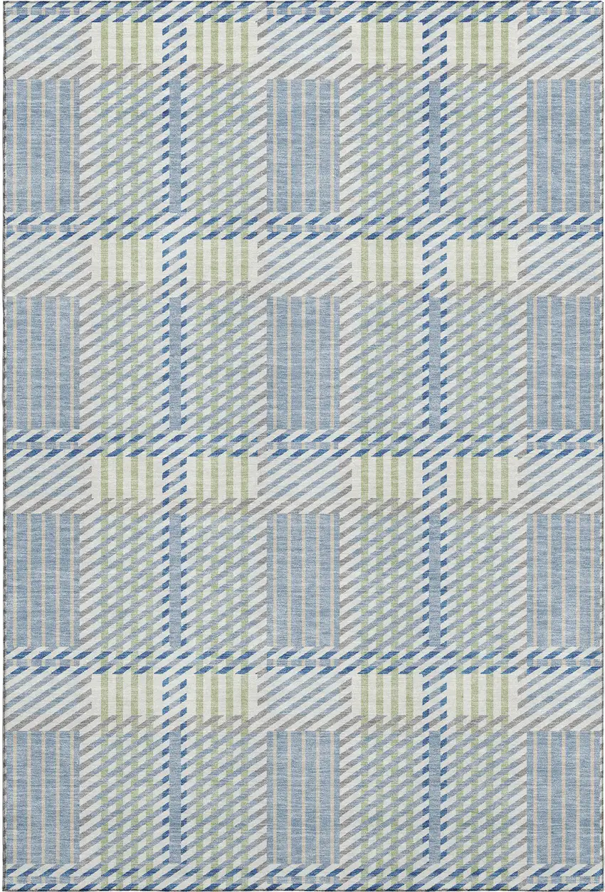 Denim Blue Ivory And Gray Plaid Washable Area Rug With UV Protection Photo 1