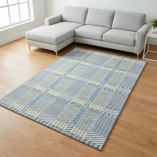 Denim Blue Ivory And Gray Plaid Washable Area Rug With UV Protection Photo 2