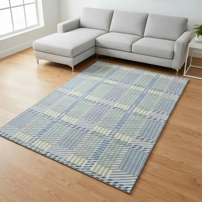 Denim Blue Ivory And Gray Plaid Washable Area Rug With UV Protection Photo 2