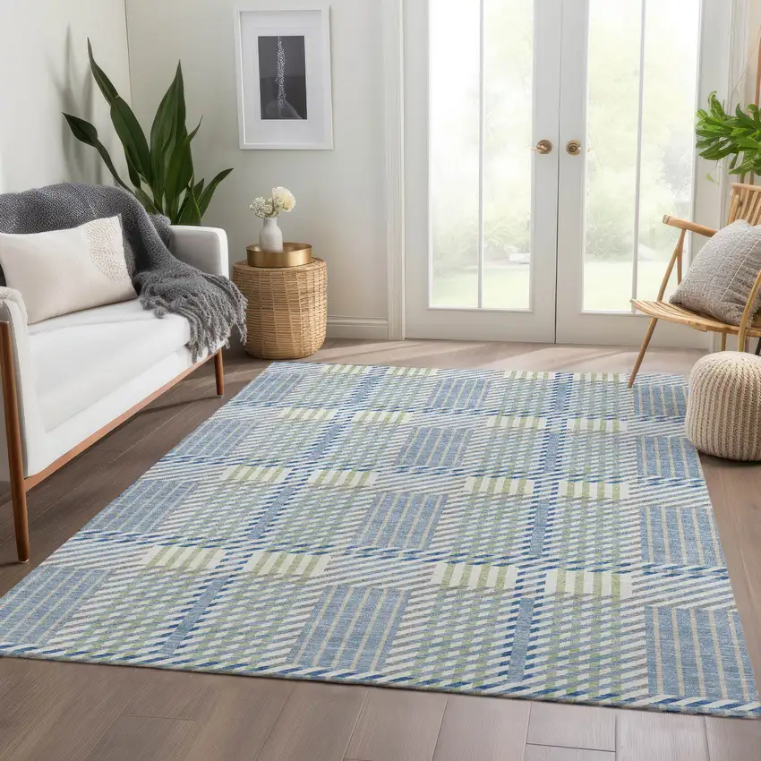 Denim Blue Ivory And Gray Plaid Washable Area Rug With UV Protection Photo 5