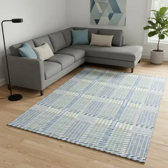 Denim Blue Ivory And Gray Plaid Washable Area Rug With UV Protection Photo 2