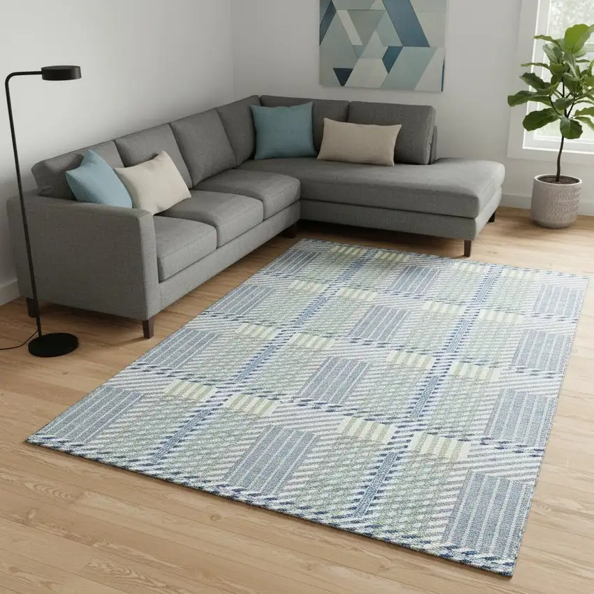 Denim Blue Ivory And Gray Plaid Washable Area Rug With UV Protection Photo 2