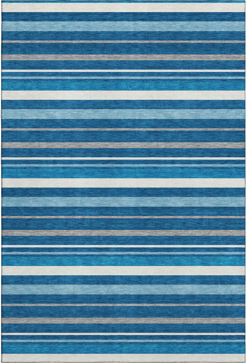 Denim Blue Ivory And Gray Striped Washable Area Rug With UV Protection Photo 1