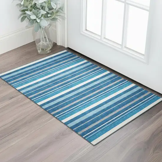 Denim Blue Ivory And Gray Striped Washable Area Rug With UV Protection Photo 1