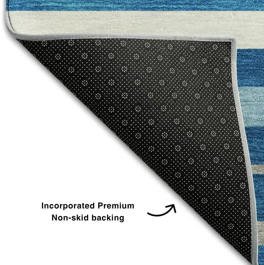 Denim Blue Ivory And Gray Striped Washable Area Rug With UV Protection Photo 7