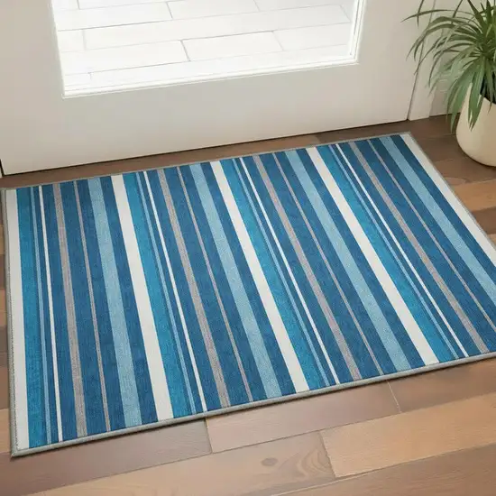 Denim Blue Ivory And Gray Striped Washable Area Rug With UV Protection Photo 2