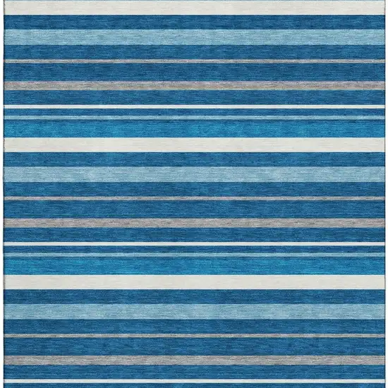 Denim Blue Ivory And Gray Striped Washable Area Rug With UV Protection Photo 4