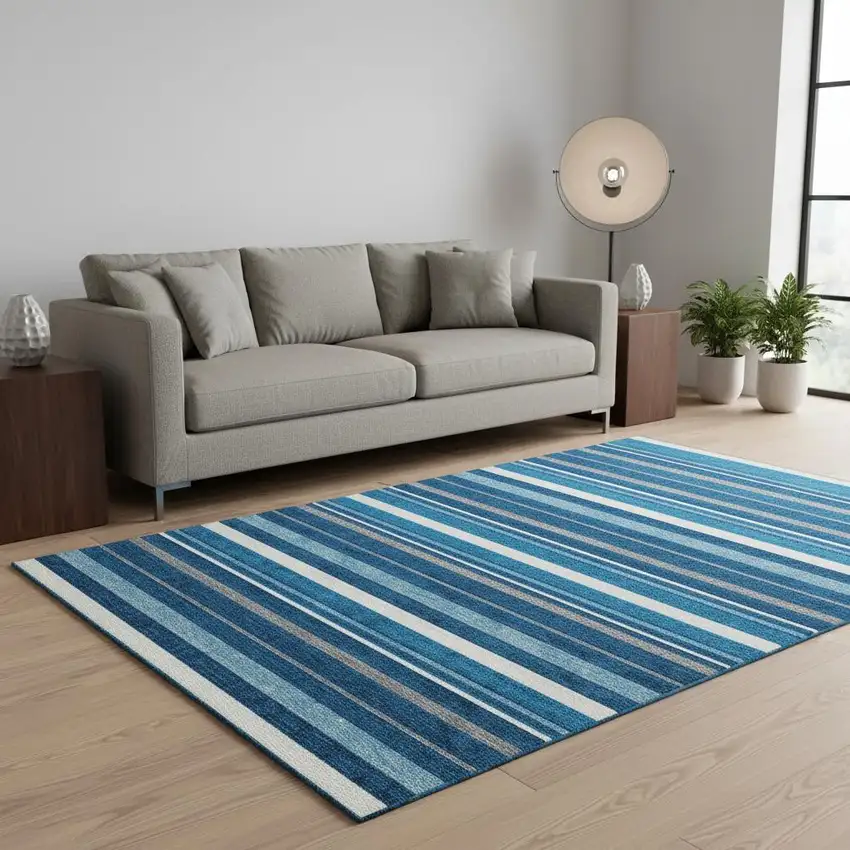 Denim Blue Ivory And Gray Striped Washable Area Rug With UV Protection Photo 2