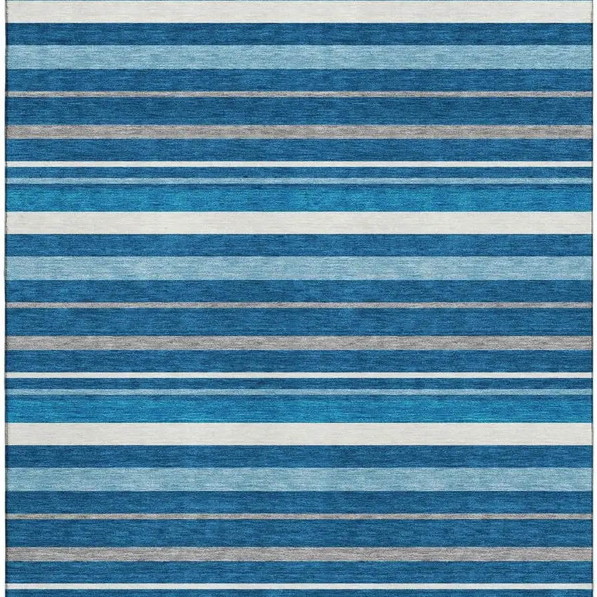 Denim Blue Ivory And Gray Striped Washable Area Rug With UV Protection Photo 3
