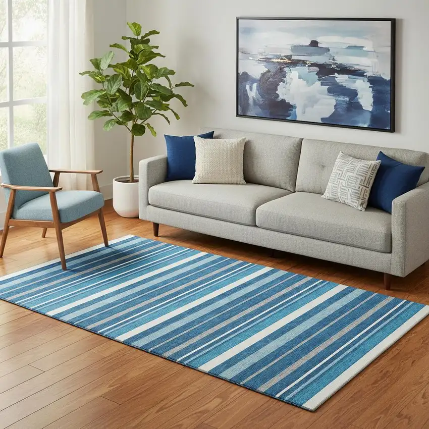 Denim Blue Ivory And Gray Striped Washable Area Rug With UV Protection Photo 1