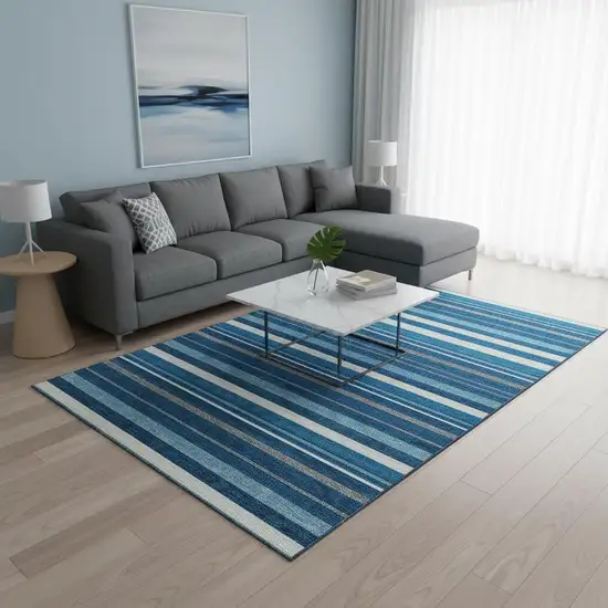 Denim Blue Ivory And Gray Striped Washable Area Rug With UV Protection Photo 2