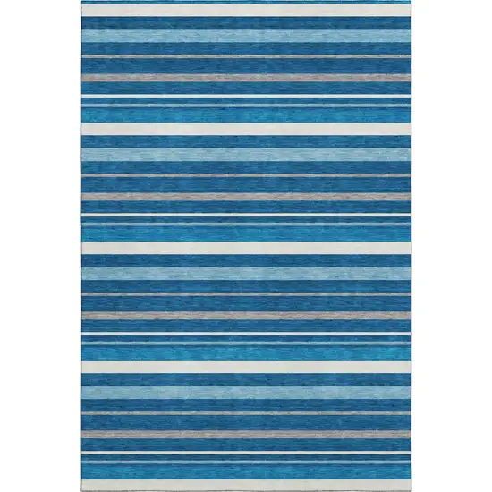 Denim Blue Ivory And Gray Striped Washable Area Rug With UV Protection Photo 1