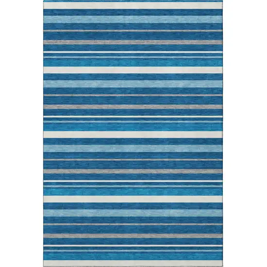 Denim Blue Ivory And Gray Striped Washable Area Rug With UV Protection Photo 3